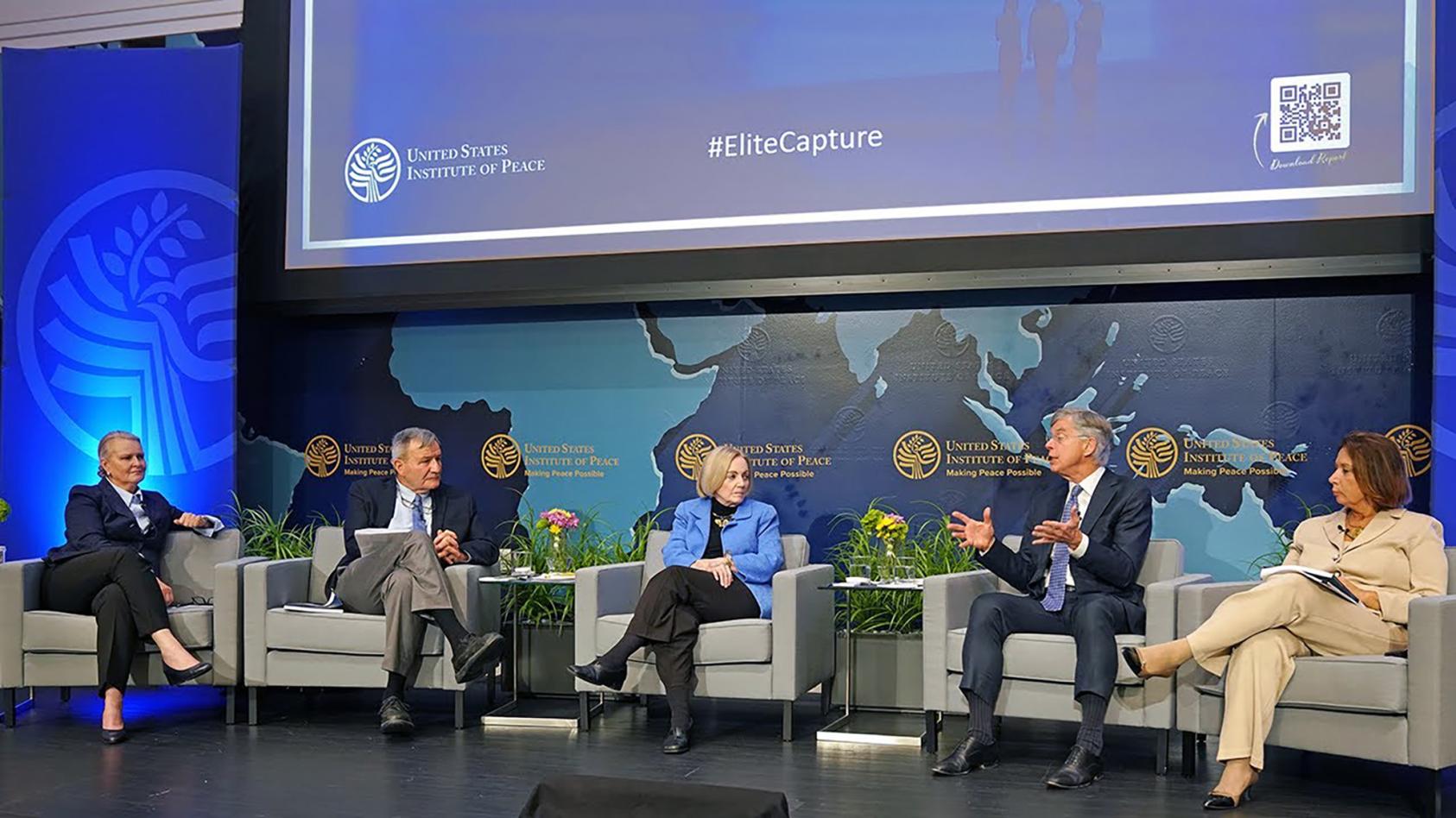 Elite Capture Report Launch Event Panel. Left to right: Lise Grande, Ambassador Karl Eikenberry,Ambassador Anne Patterson, Ambassador William Taylor, Ambassador Dawn Liberi 