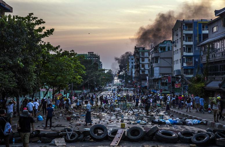 The scene on a bridge after protesters clash with security forces in Yangon, Myanmar, on March 16, 2021. (The New York Times)