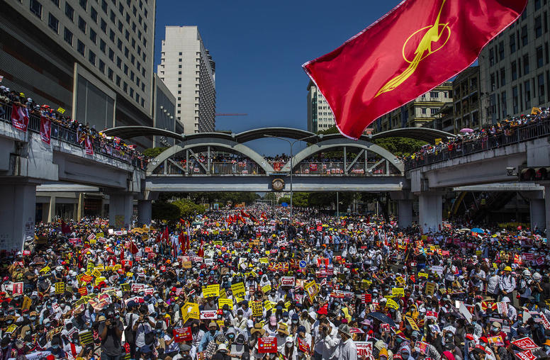 A protest in Yangon, Myanmar, Feb. 17, 2021. (The New York Times)