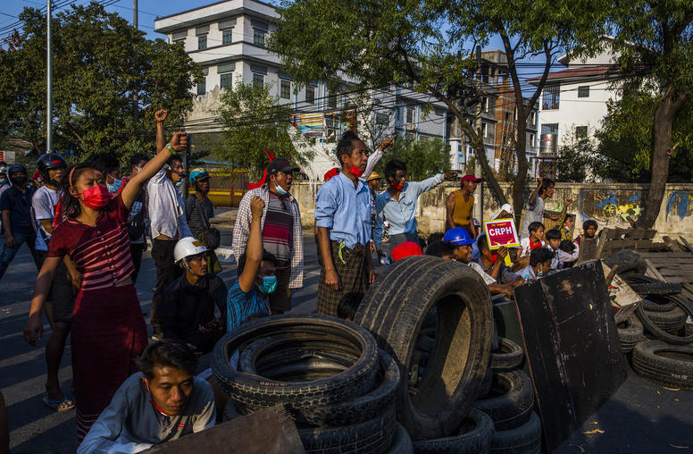 Protesters against the military government in Mandalay, Myanmar, on Feb. 28, 2021. Mandalay, the second-largest city in Myanmar, has been a center of resistance since the coup on Feb. 1. (The New York Times)