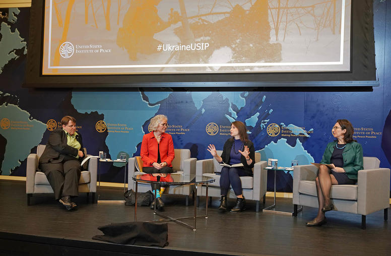 Panel, l to r - Mary Glantz, Senior Advisor, Russia and Europe Center, USIP, Amb. Masha Yovanovitch, Senior Advisor, Russia and Europe Center, USIP, Maria Snegovaya, Senior Fellow, Russia and Eurasia, Center for Strategic and International Studies, Lise Howard, Peace Scholar, Center for Russia & Europe, USIP