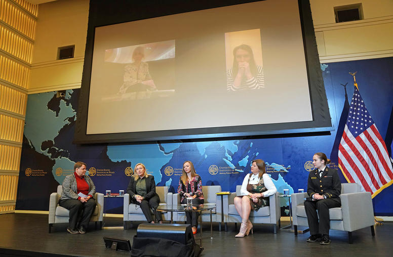 Left to right: Mary Glantz, Senior Advisor, Russia and Europe Center, USIP, Tetiana Yehorova-Lutsenko, Chairperson, Kaharkiv Regional Council, Interpreter, Tamila Afansieva, Head, Odessa Regional Council for Peace, Ioana Vlad, Midshipman, US Naval Academy