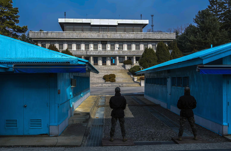 South Korean soldiers stand facing North Korea at the Joint Security Area at Panmunjom, in the Demilitarized Zone between North and South Korea, Feb. 7, 2023. (Chang W. Lee/The New York Times)