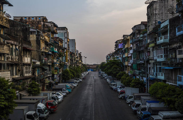 A usually busy road remains empty during a “silent strike” against the military coup in Yangon, Myanmar. March 24, 2021. (The New York Times)