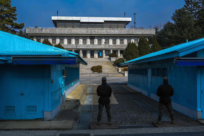 PHOTO: South Korean soldiers stand facing North Korea at the Joint Security Area at Panmunjom, in the Demilitarized Zone between North and South Korea, on Feb. 7, 2023. (Chang W. Lee/The New York Times)