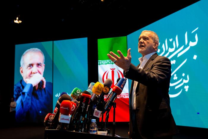 PHOTO: President-elect Masoud Pezeshkian of Iran campaigns in Tehran, June 19, 2024.